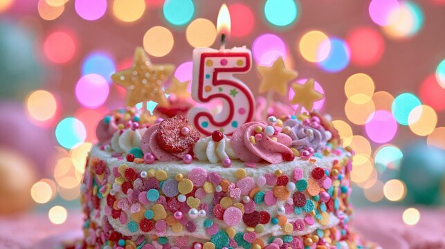 Festive cake celebrates a fifth birthday with bright decorations and sparkling lights.
