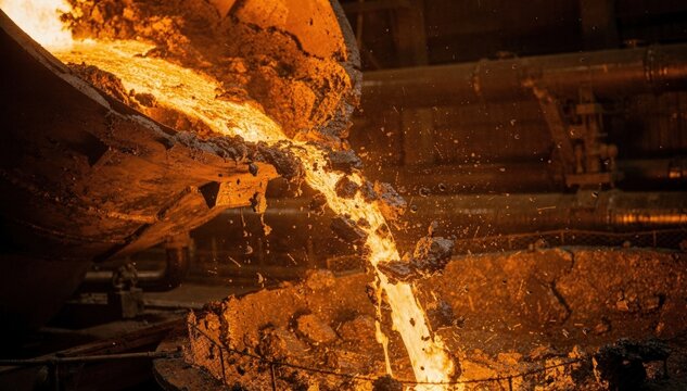 Slag removal process during molten steel tapping capturing slag separation in crisp detail with blurred furnace and ladle edges to highlight molten flow.