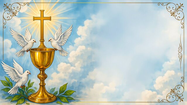 Golden communion chalice with cross and white doves on heavenly sky background