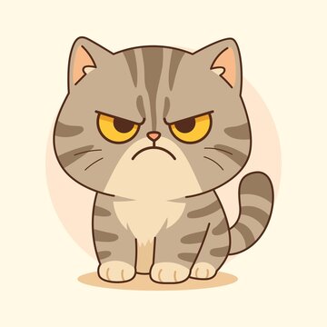 A high-quality digital illustration of a grumpy and angry tabby cat character. This cute cartoon kitten features an annoyed facial expression with intense yellow eyes and a frown, designed in a charmi