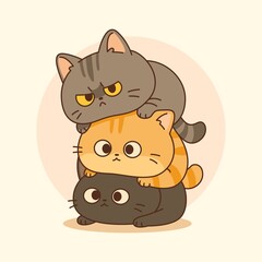 A high-quality flat vector illustration featuring three adorable round cats stacked in a tower formation. The trio includes a grumpy grey tabby on top, a curious ginger cat in the middle, and a calm b © In Your Dream Std
