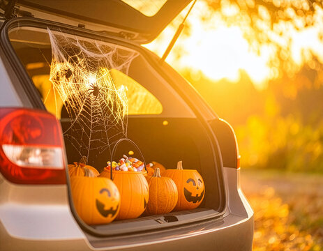 Car decorated for Trunk or Treat, an alternative for kids Trick or Treating in a safe environment on Halloween night. Golden autumn foliage trees in the background with copy space.