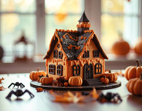 Homemade Halloween Cookie House displayed on the kitchen table. Pumpkin and spider decorations. Autumn window view in the background. 