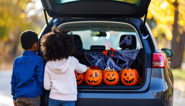 Car decorated for Trunk or Treat event, kids celebrating Halloween in safe trick or treat environment. Autumn foliage trees in the background.