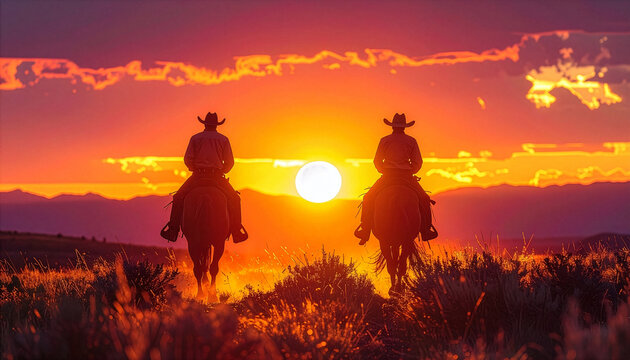 Two Cowboys riding horses and watching a glorious sunset or sunrise over distant mountain range. American wild west concept.