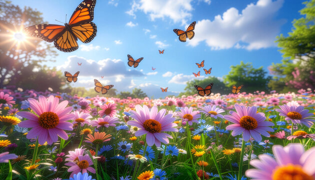 Monarch butterflies fluttering over colorful pink daisy flower field on a sunny summer day. Blue sky and white clouds.