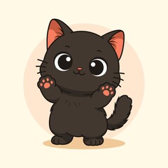 A high-quality vector-style illustration of a cute black kitten with large expressive eyes, standing on its hind legs and showing its pink paw pads. This charming feline character is set against a sof