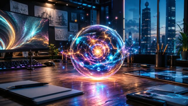 Quantum Core Energy Sphere: A mesmerizing quantum core energy sphere pulses with vibrant, multicolored light, casting an ethereal glow across a futuristic office desk.