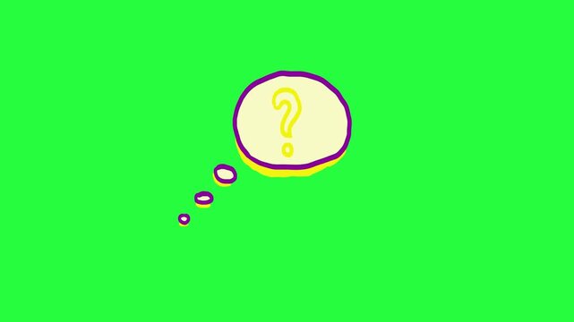 Animated hand drawn thought bubble with question mark symbol floating on green screen background thinking