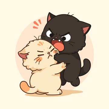 This expressive cartoon illustration depicts a funny and dramatic fight between two cute kittens. The scene shows a black kitten aggressively biting and wrestling with a grumpy cream-colored ginger ca