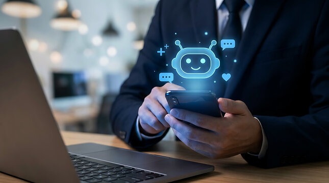 Businessman interacting with a virtual chatbot icon on a smartphone in the office