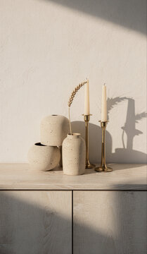 Ceramic Vases and Brass Candlesticks on Wooden Sideboard