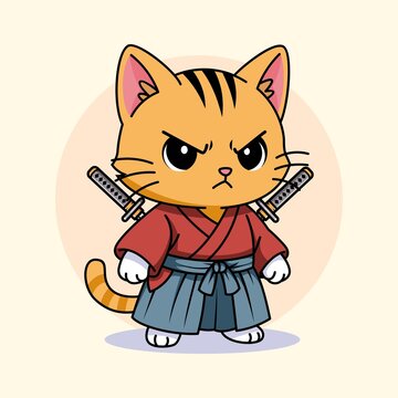 A high-quality vector illustration of a fierce ginger tabby cat dressed as a Japanese samurai. The character is wearing a traditional red kimono and blue hakama, carrying two katana swords on its back