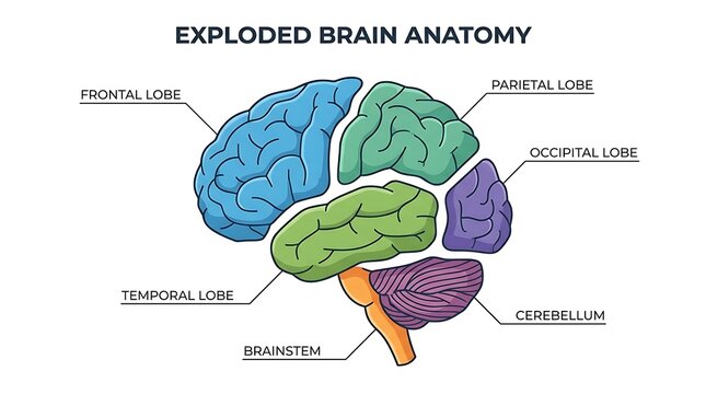 Exploded view diagram of human brain anatomy with labeled regions and cerebral