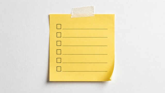 Yellow sticky note with printed checklist and checkboxes taped to white wall for productivity.