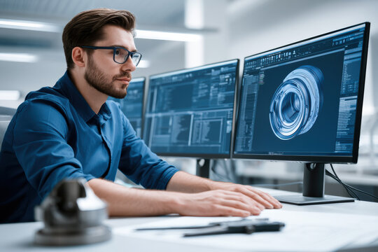 Engineer working desk with dual monitors, designing mechanical part 3D modeling software, modern office, focused, technology driven environment