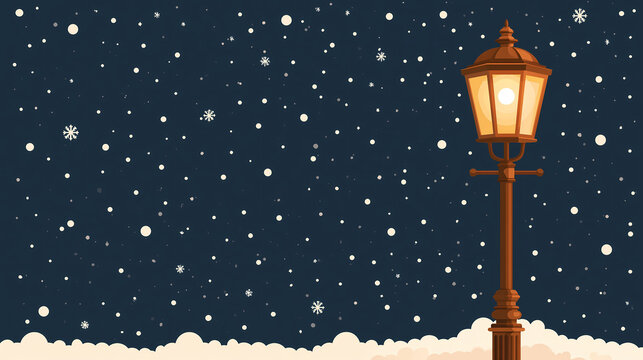 A vintage street lamp shines brightly in the dark night while white snowflakes fall gently on the ground during a cold winter evening in the city