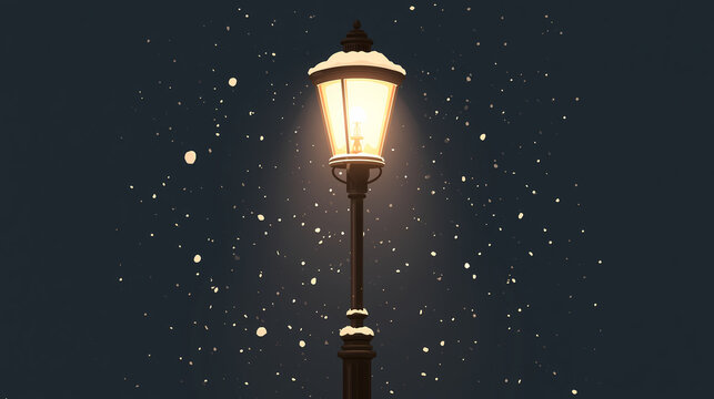 A vintage street lamp glows with warm light while soft snowflakes fall gently during a peaceful winter night in the city