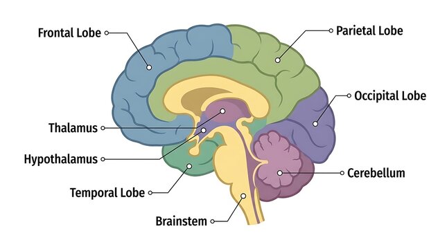 Detailed labeled diagram of human brain anatomy with frontal lobe parietal