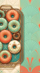 Art deco donuts on a gold tray with geometric patterns