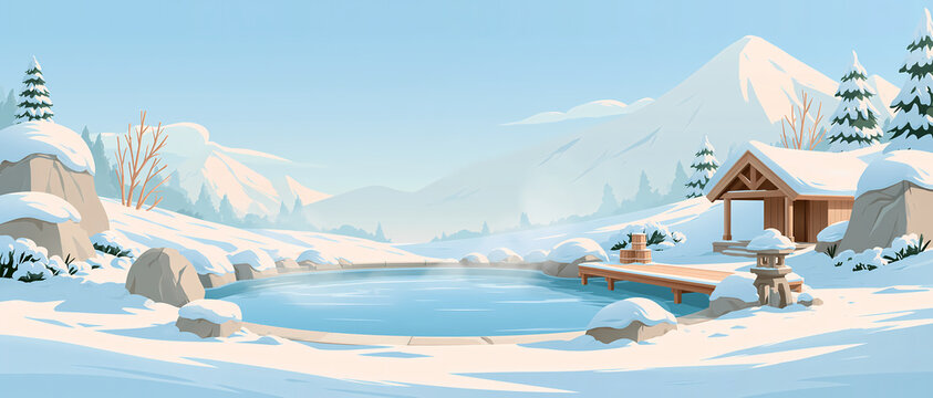 A peaceful landscape showing a steaming thermal pool near a wooden cabin surrounded by snow covered mountains and pine trees on a bright winter day