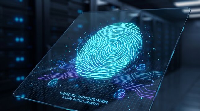 An ultra-realistic close-up of a glowing blue biometric fingerprint scan displayed on a futuristic digital interface. The luminous fingerprint