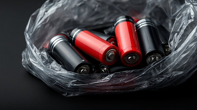 Used batteries in a plastic bag on a dark background. Hazardous waste recycling and environmental protection concept.