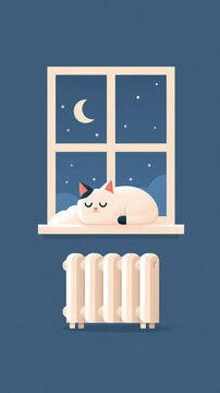 A cute white cat sleeps peacefully on a window sill near a warm radiator during a quiet night with a crescent moon and stars in the background
