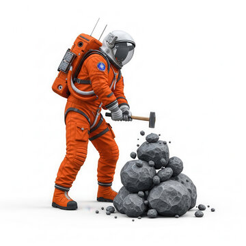 Astronaut holding pickaxe near rocky asteroid in space