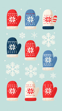 A collection of colorful winter mittens with snowflake patterns and white snow crystals arranged on a light blue background for a festive holiday season design