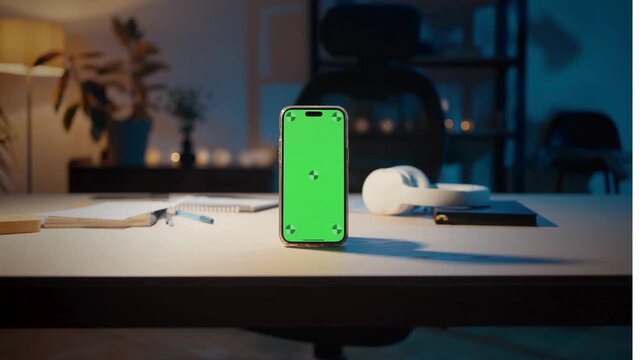 Vertical mobile phone with green chroma key screen on office desk at night