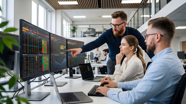 Financial traders analyzing stock market charts on multiple monitors. Business team reviewing data in modern office workspace. Professional investors discussing investment portfolios and market