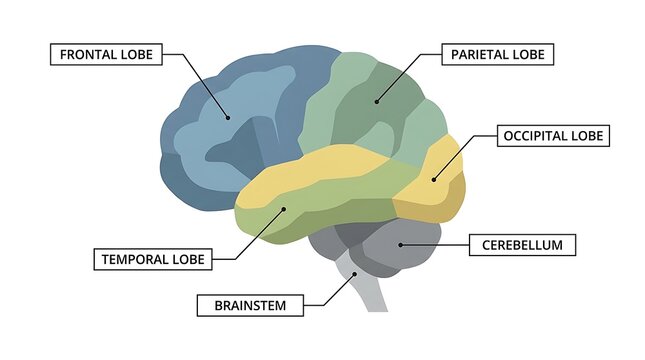 Labeled diagram of human brain lobes showing frontal lobe parietal lobe temporal