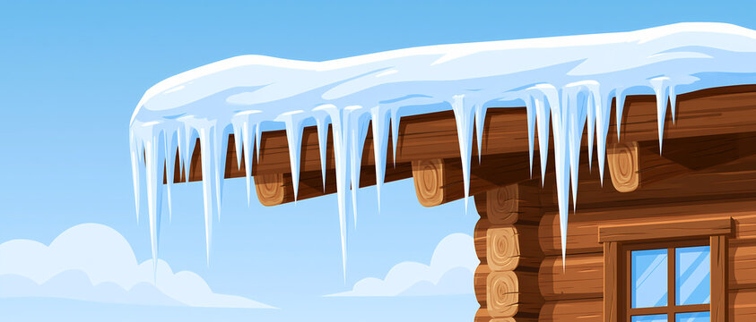 A wooden cabin roof covered in thick snow with sharp icicles hanging from the edge against a bright blue winter sky
