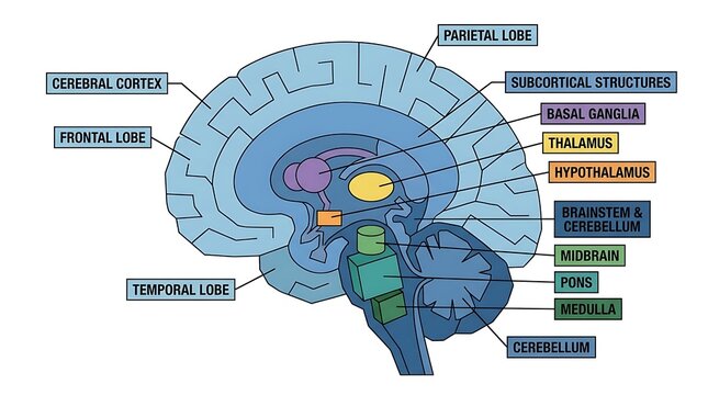Color-coded educational diagram of human brain anatomy with labeled regions