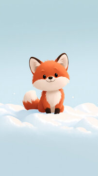 A cute cartoon fox sits calmly on top of a soft white snow bank during a quiet winter day with a light blue background
