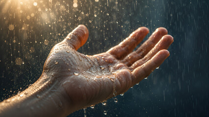 Fototapeta premium Cinematic Close-Up of an Open Palm Catching Falling Raindrops Under Golden Sunlight with Moody Background