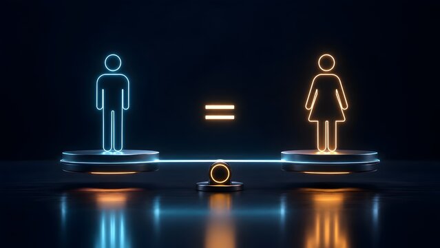 Glowing neon man and woman figures on a balanced digital scale with an equals sign for gender equality concept
