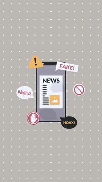 Vertical animated concept of fake news and false information spreading online. Represents misinformation, digital media awareness, fact checking, online safety, and modern communication challenges.