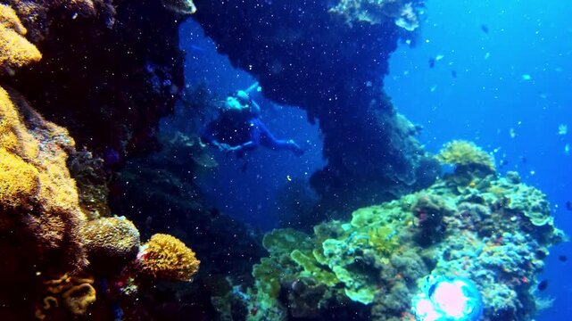 View of a scuba diver swimming through a natural rock arch surrounded by vibrant coral reefs in the clear blue waters of the Philippines.