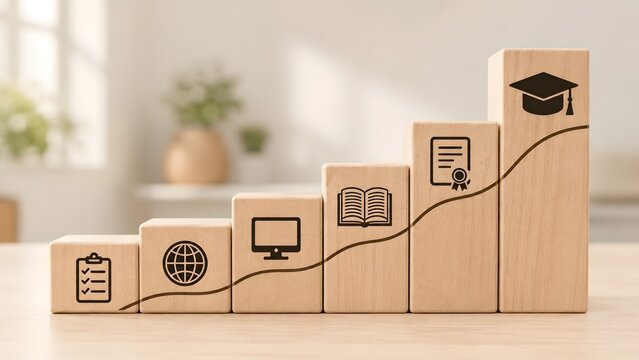 Rising wooden blocks with educational icons and upward trend line, representing academic growth, learning progress, and successful education journey.