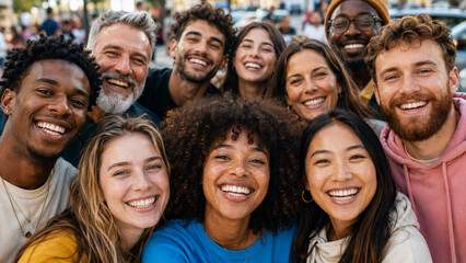 Obraz premium Diverse group of happy multi-ethnic friends smiling and taking a selfie together outdoors