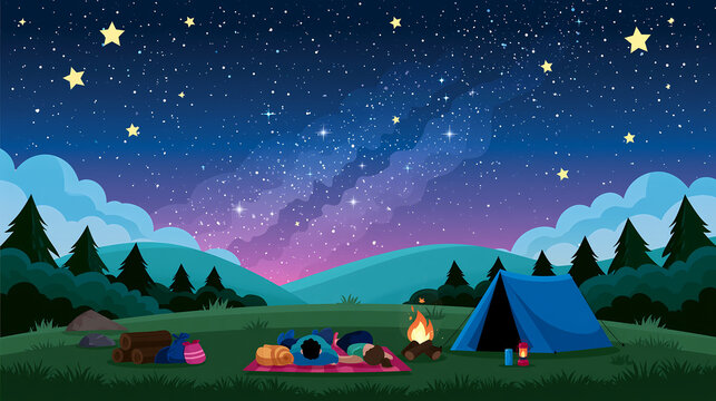 A couple lies on a blanket at a campsite while looking up at the beautiful starry night sky above the forest and mountains
