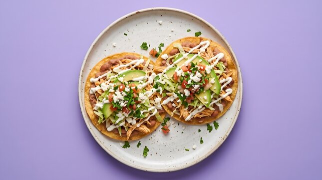 Crispy Mexican tostadas topped shredded chicken, Mexican Food