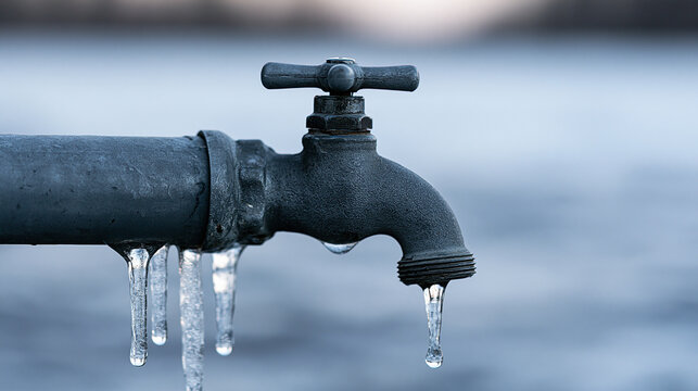 Frozen water tap with icicles hanging from the pipe during winter. Conceptual theme for cold weather plumbing issues.