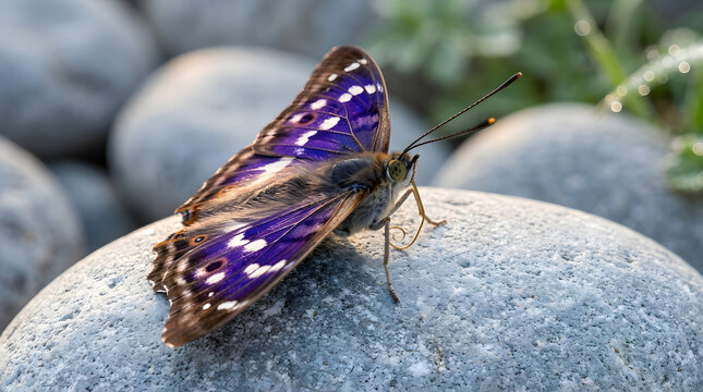 Vibrant Purple Emperor Butterfly Sunbathing On A Smooth Grey Stone In Morning Light