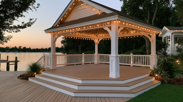 Lakeside pavilion dusk warm light wooden deck gazebo waterfront serene evening outdoor nature peaceful illuminated