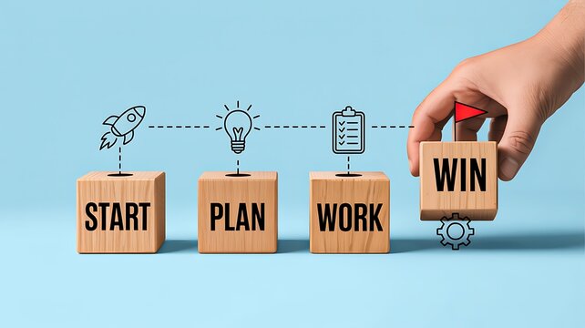 Wooden blocks with start plan work win representing business growth and success concept
