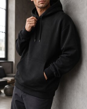 Casual Comfort: A man in a black hooded sweatshirt and dark trousers leans against a wall, embodying effortless style and relaxed comfort in an urban setting.