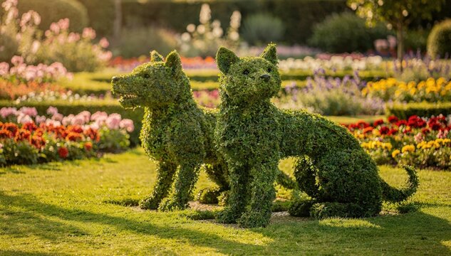 Focused medium view of a gardens topiary animal sculptures standing out sharply against a gently defocused mix of colorful floral displays and manicured lawns.